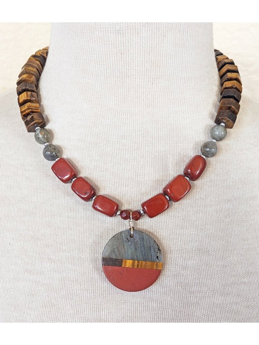 Elegant Brown Tiger's Eye, Labradorite & Red Jasper Statement Pendant Necklace